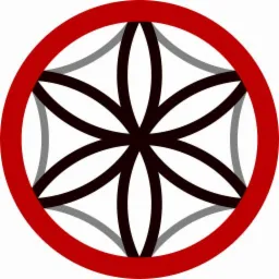 Abstrakcyjny okrągły symbol z sześcioramienną gwiazdą wewnątrz, obwiedziony czerwoną linią.