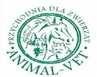 Zielone logo Animal-Vet w okręgu, przedstawiające sylwetki zwierząt: psa, kota, konia i ptaka. Napis 'PRZYCHODNIA DLA ZWIERZĄT' otacza górną część okręgu.