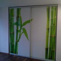 Dwudrzwiowa szafa przesuwna z grafiką bambusa na białym tle, widoczna na tle ściany i podłogi.