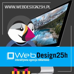 Monitor z wyświetloną fotografią górskiego jeziora, nałożone logo firmy WebDesign25h z pingwinem i hasłem 'interaktywna agencja reklamowa', w tle szare tło z adresem strony internetowej.