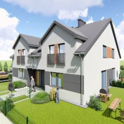 Wizualizacja bliźniaka z szarym dachem, białymi ścianami i szarymi panelami elewacyjnymi, otoczonego zielonym trawnikiem i ogrodzeniem, z elementami małej architektury ogrodowej i sylwetkami ludzi.