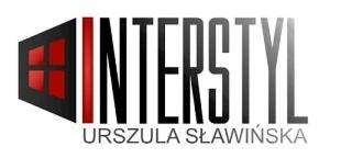 Logo firmy Interstyl Urszula Sławińska z motywem okna w odcieniach czerwieni i czerni, nazwa firmy w kolorze czarnym.