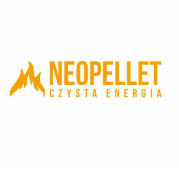 Logo firmy Neopellet z motywem płomienia i hasłem 'Czysta Energia' w kolorze pomarańczowym na białym tle.