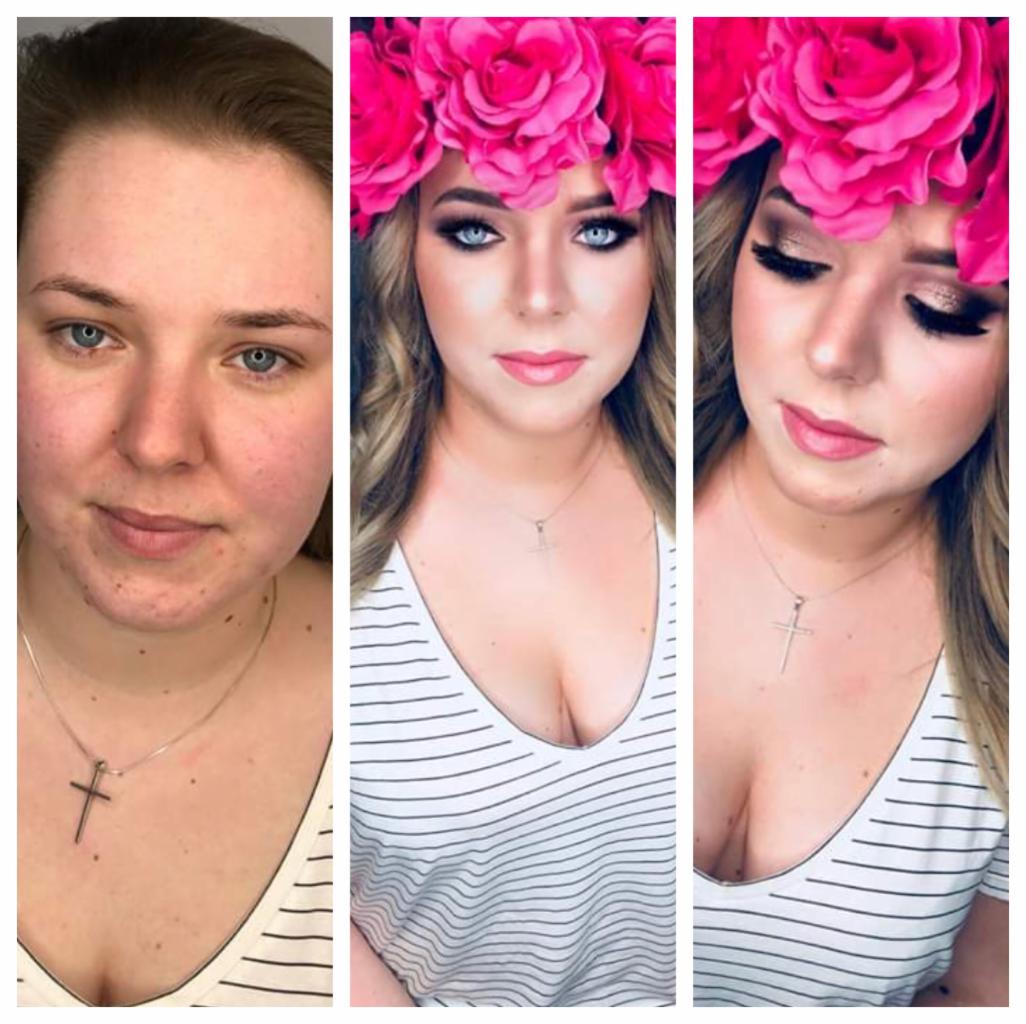 Kolaż przedstawiający metamorfozę kobiety: przed, po delikatnym upiększeniu i po pełnym efekcie z kwiatowym wiankiem, uwydatniający różnicę w wyglądzie cery i podkreśleniu oczu.