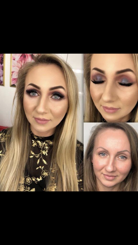 Kobieta z profesjonalnie wykonanym, wieczorowym make-up'em w odcieniach fioletu i brązu, prezentowana w kolażu: twarz en face, zbliżenie na oko i twarz przed wykonaniem usługi.