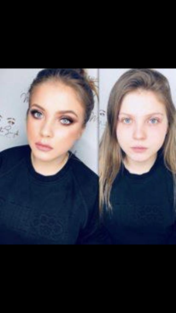 Portret kobiety przed i po aplikacji kosmetyków: po lewej z brązowym cieniowaniem powiek, po prawej bez.