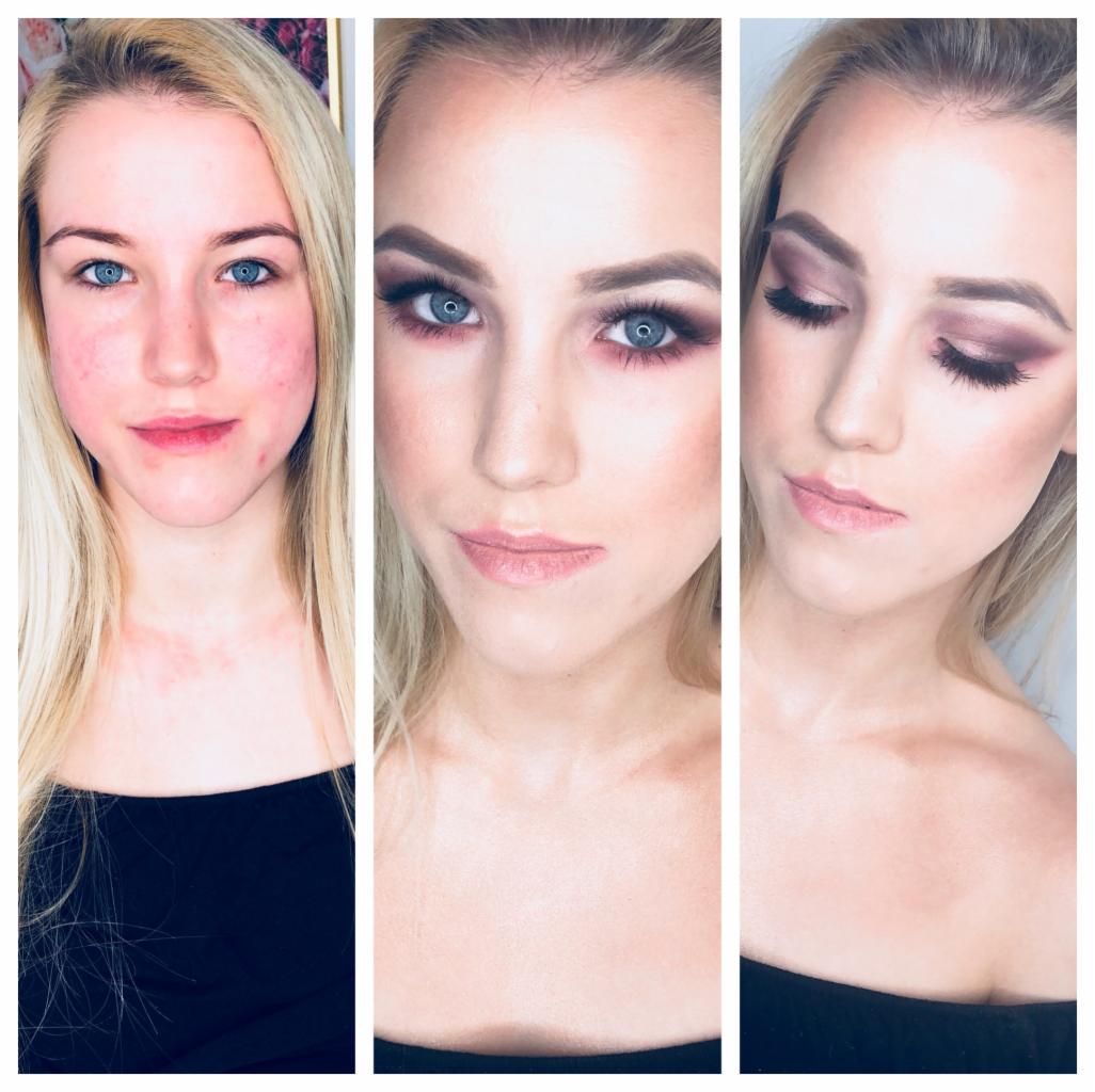 Kolaż przedstawiający metamorfozę makijażu na twarzy blondynki: przed, w trakcie i po wykonaniu makijażu oka w odcieniach fioletu i różu, z widoczną różnicą w kryciu i konturowaniu.