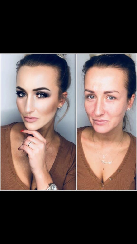 Kobieta przed i po makijażu smoky eye, z widocznym pierścionkiem na palcu i zegarkiem na nadgarstku.