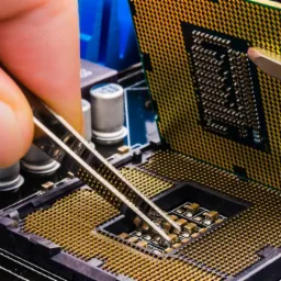 Precyzyjne umieszczanie procesora w gnieździe płyty głównej za pomocą pęsety, widoczne detale styków i elementów elektronicznych.