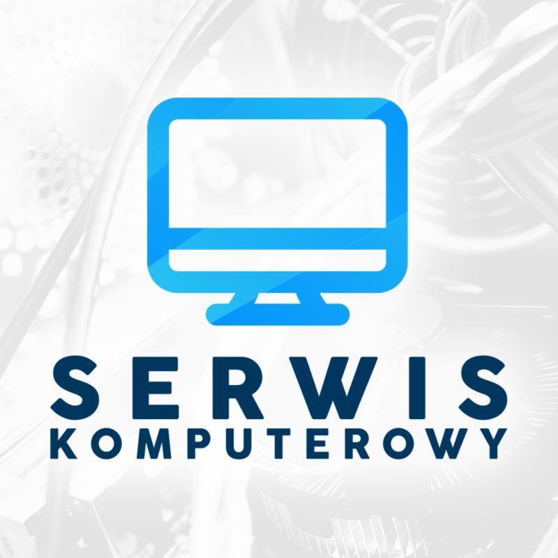 Niebieski ikoniczny monitor nad napisem SERWIS KOMPUTEROWY na rozmytym tle z kablami.