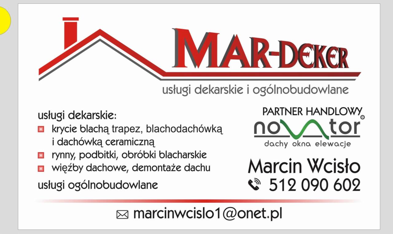 Wizytówka firmy dekarskiej MAR-DEKER z logo w formie czerwonego dachu, oferująca usługi dekarskie i ogólnobudowlane, w tym krycie blachą trapezową, blachodachówką, dachówką ceramiczną, montaż...