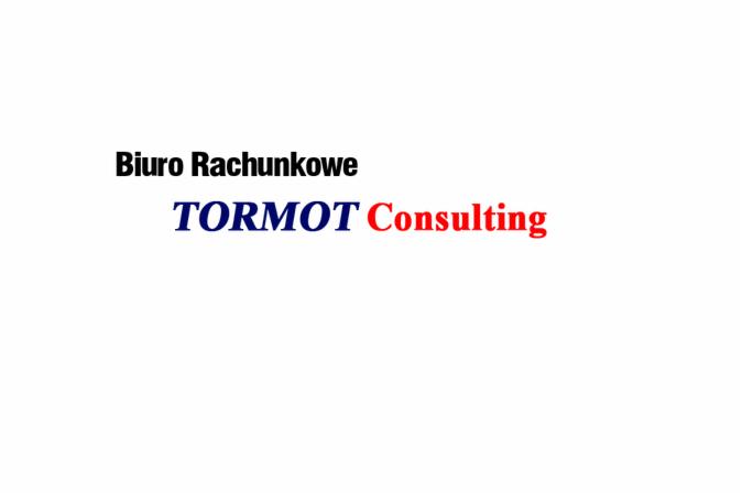 Logo biura rachunkowego TORMOT Consulting z nazwą firmy zapisaną w kolorze granatowym i dopiskiem Consulting w kolorze czerwonym na białym tle.