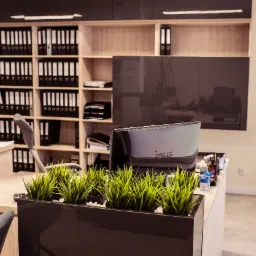 Nowoczesne biuro: regał z segregatorami, biurko z monitorem ASUS i doniczką z zielonymi roślinami.