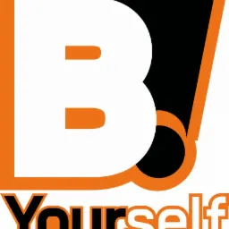 Nowoczesne logo firmy z dużą białą literą B na pomarańczowym kwadracie i napisem 'Yourself' poniżej, z czarnym tłem w prawym górnym rogu.