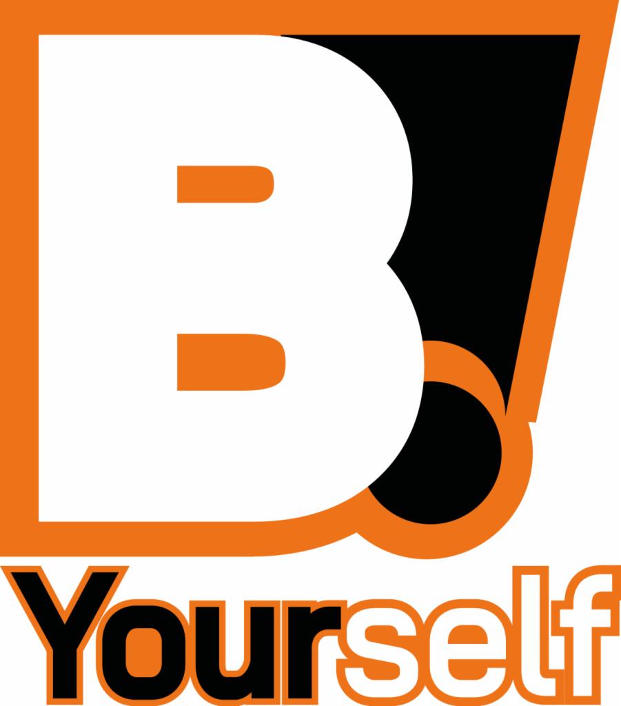 Nowoczesne logo firmy z dużą białą literą B na pomarańczowym kwadracie i napisem 'Yourself' poniżej, z czarnym tłem w prawym górnym rogu.