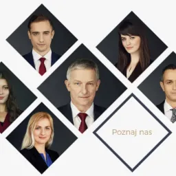 Kompozycja portretów członków zespołu kancelarii prawnej w formalnych strojach, umieszczonych w rombach na białym tle z napisem 'Poznaj nas'.