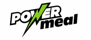 Logo 'POWER meal' z zielonym symbolem błyskawicy przecinającym napis. Czcionka pogrubiona, kolor czarny z białym obrysem, na białym tle.