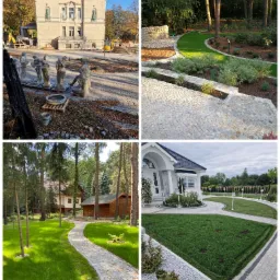 Kolaż czterech zdjęć przedstawiających aranżacje przestrzeni zewnętrznych: budynek z rzeźbami i przygotowywaną nawierzchnią, ścieżka z kamienia w ogrodzie, kręta ścieżka w lesie prowadząca do domku...