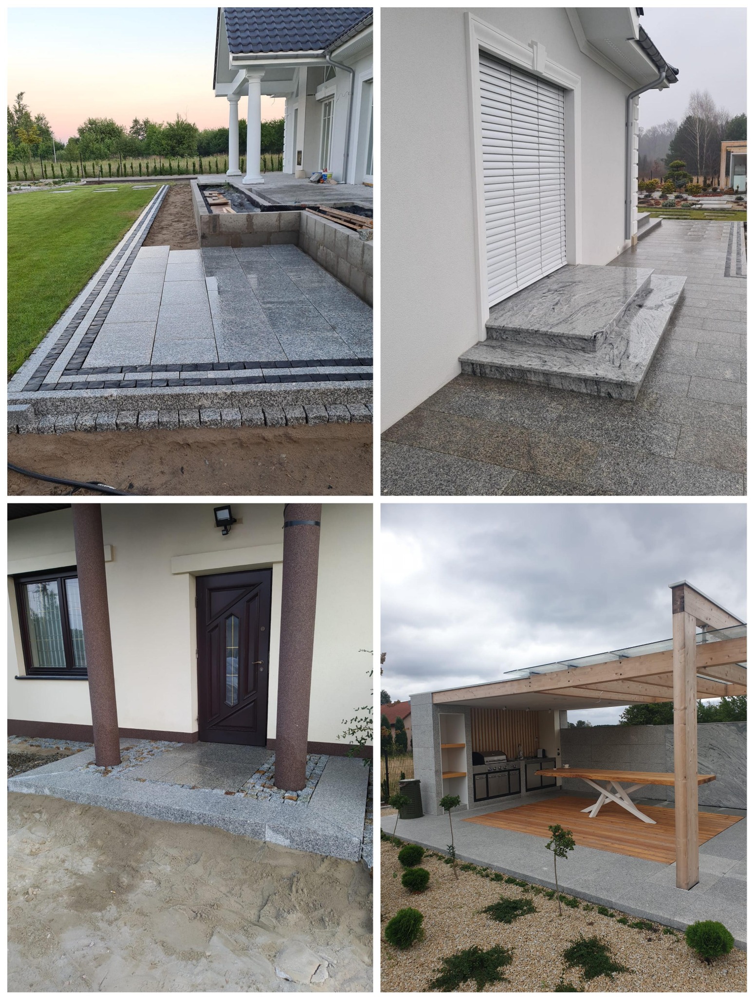 Cztery ujęcia z realizacji zagospodarowania terenu wokół domu: układanie kostki granitowej na tarasie i schodach wejściowych, wykończenie ścieżki z kostki granitowej, oraz budowa letniej kuchni...