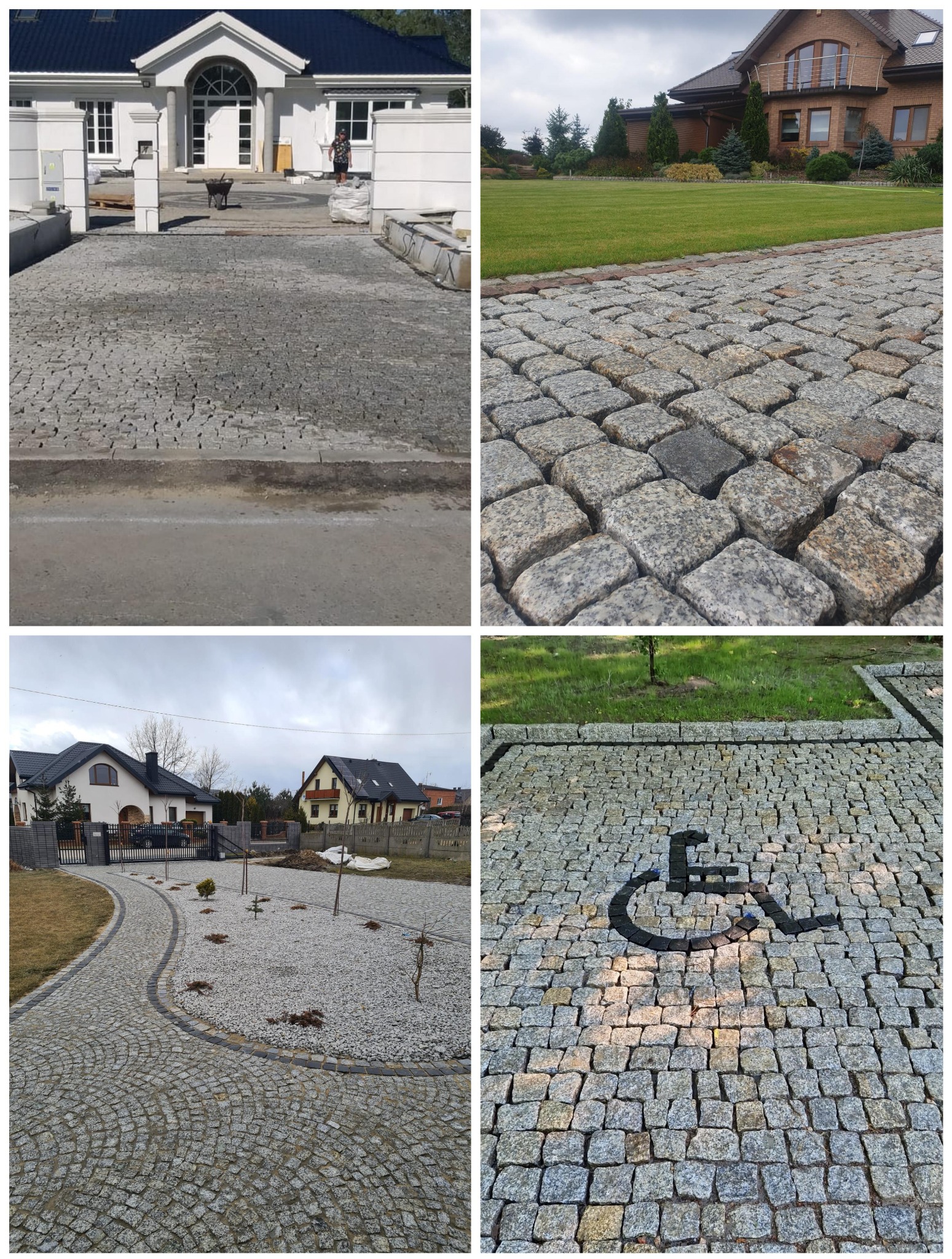 Kompozycja czterech zdjęć przedstawiających różne etapy i style nawierzchni z drobnej kostki, w tym podjazd do domu w trakcie układania, ścieżkę ogrodową z ozdobnym żwirem oraz miejsce parkingowe...