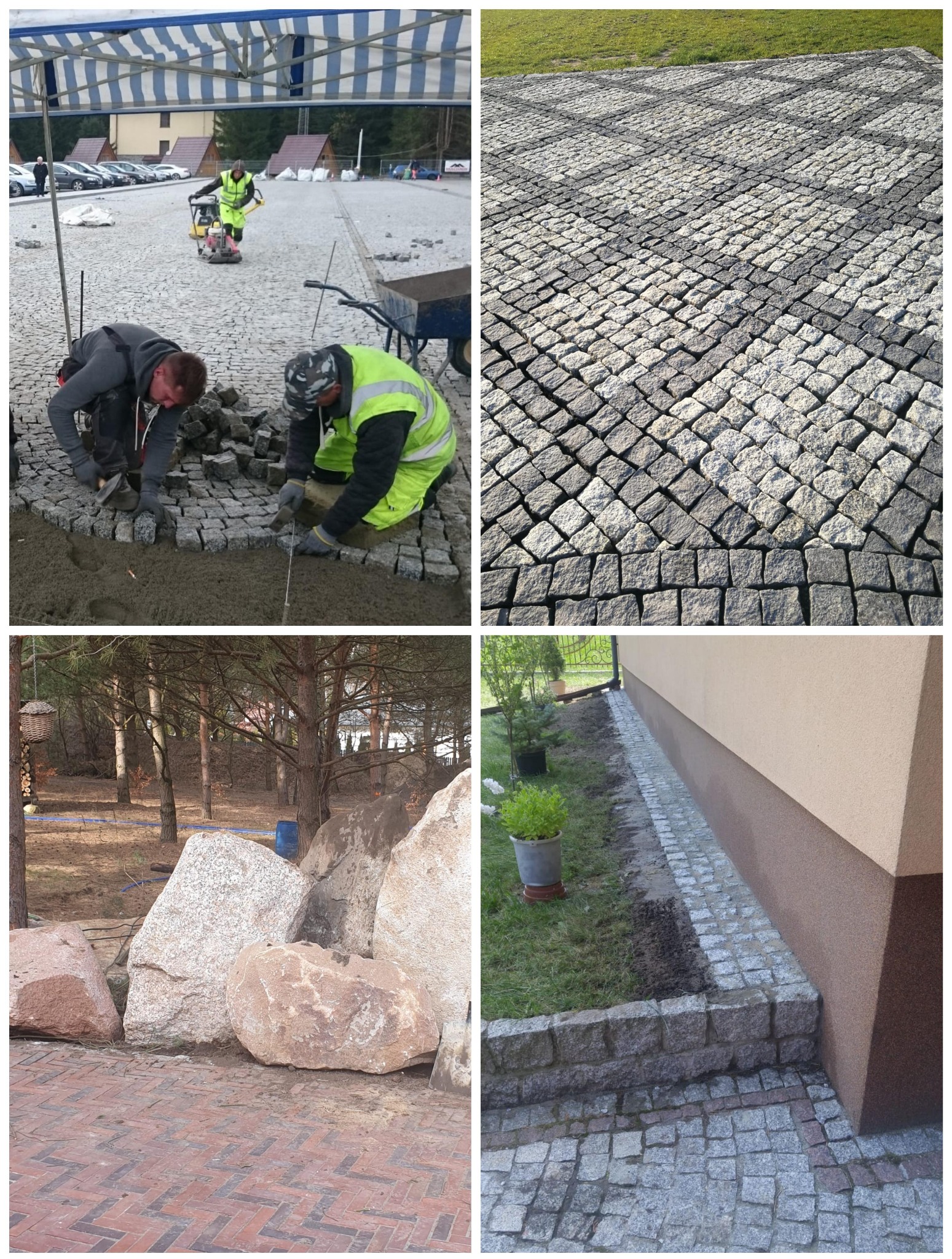 Mozaika zdjęć: układanie szarej kostki na dużej powierzchni, wzór ułożonej kostki, duże kamienie ozdobne przy ścieżce z czerwonej kostki, obrzeże z szarej kostki przy budynku.