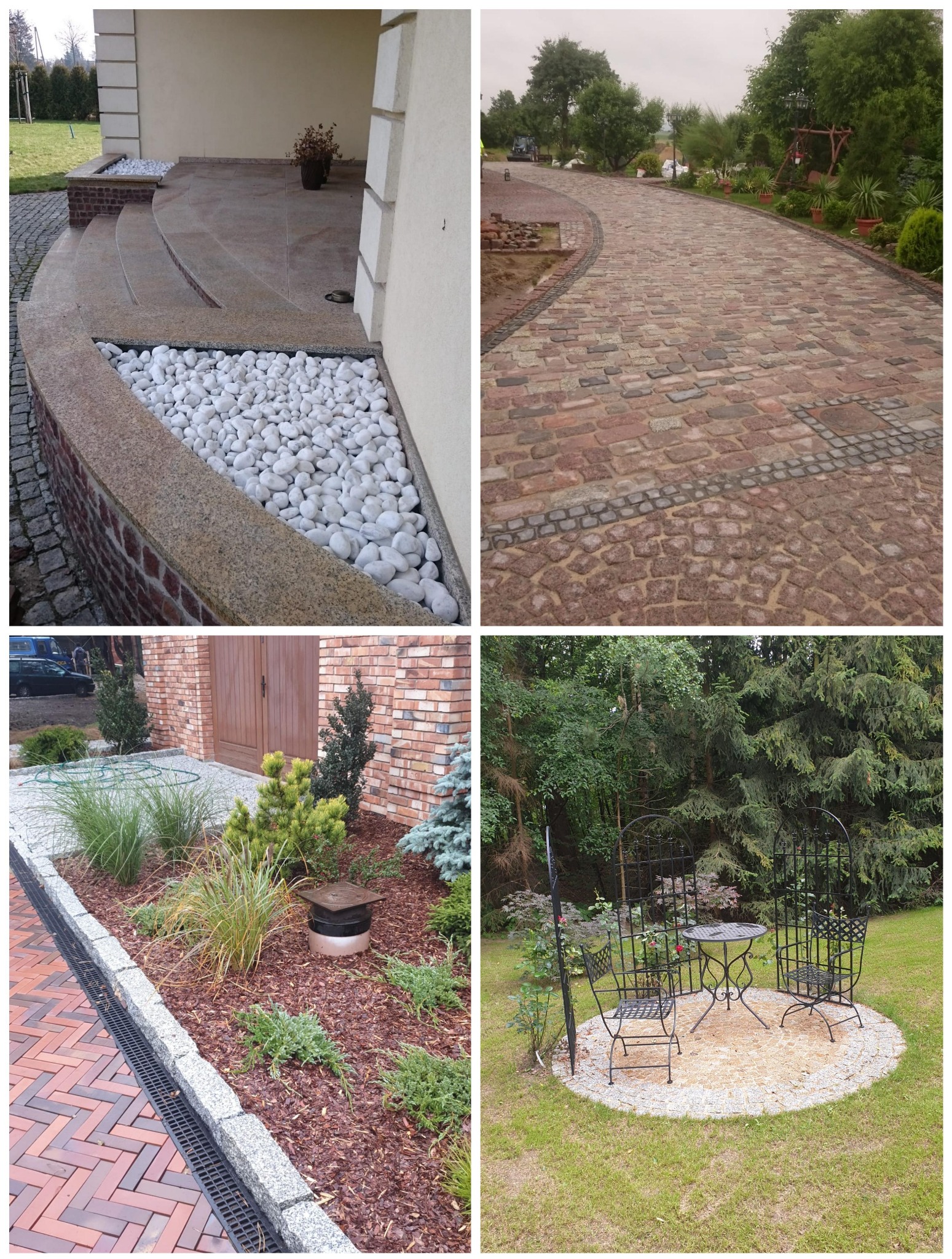 Kompozycja czterech ujęć: schody z białymi kamieniami, droga z czerwonej kostki, rabata z korą i kamieniami oraz okrągły placyk z meblami ogrodowymi.