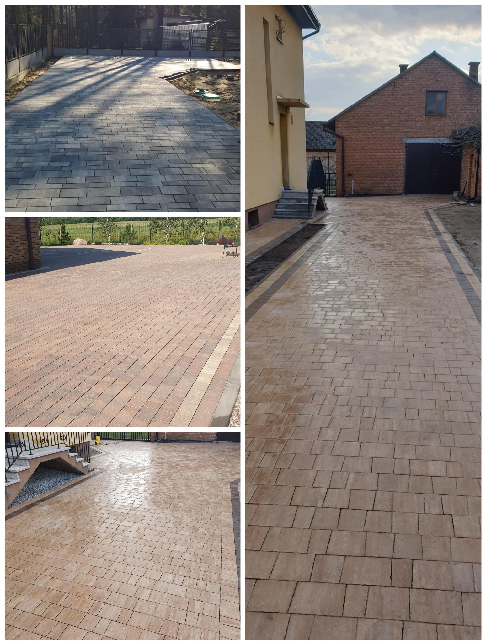 Ułożona nawierzchnia z beżowej kostki brukowej na posesji z budynkami w tle. Widoczne obrzeża z ciemniejszej kostki.