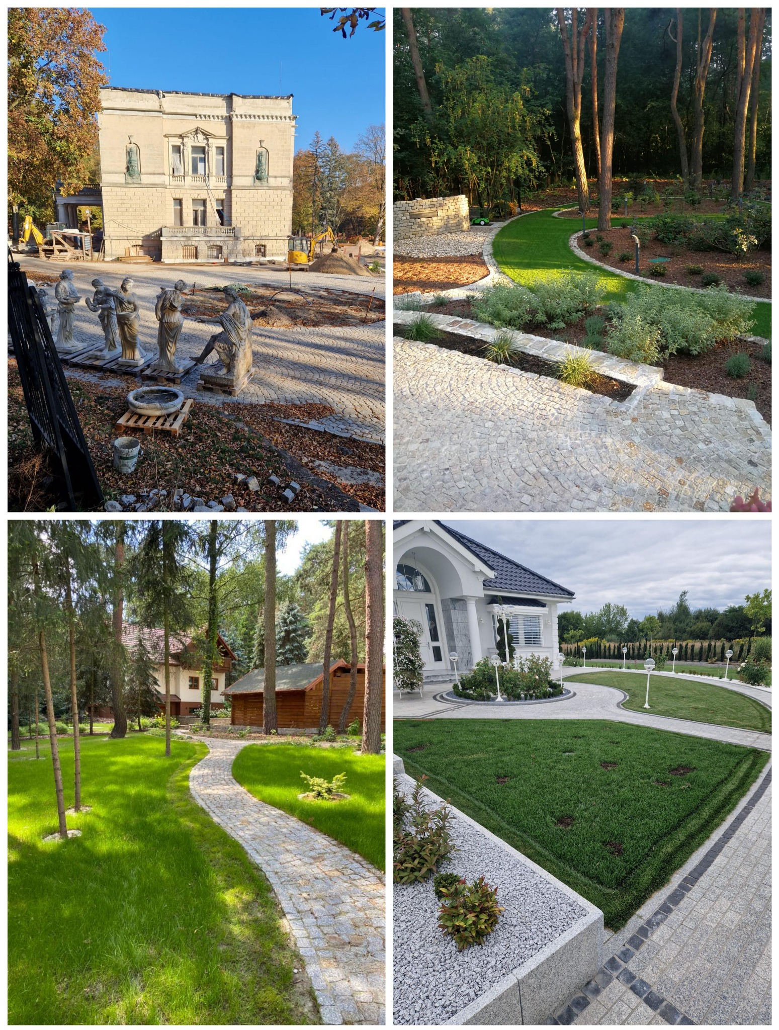 Kolaż czterech zdjęć przedstawiających aranżacje przestrzeni zewnętrznych: budynek z rzeźbami i przygotowywaną nawierzchnią, ścieżka z kamienia w ogrodzie, kręta ścieżka w lesie prowadząca do domku...
