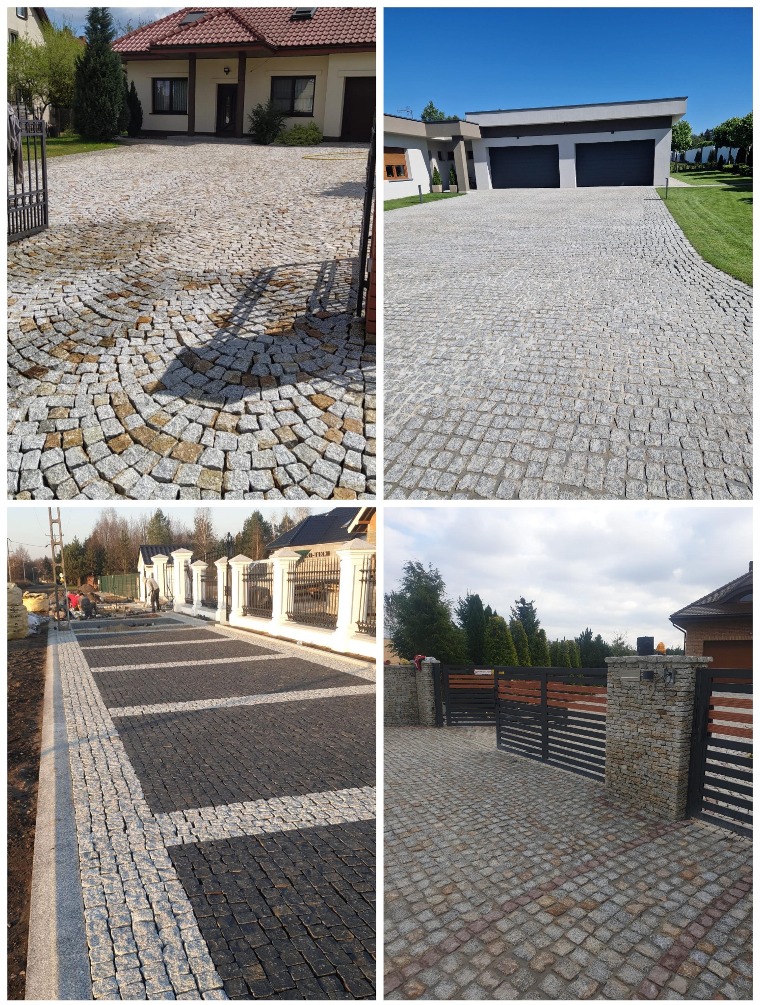 Kompozycja czterech zdjęć przedstawiających różne aranżacje podjazdów i chodników z kostki granitowej: okrągły wzór z kostki granitowej w kolorach szarości i beżu, nowoczesny podjazd z jasnej...