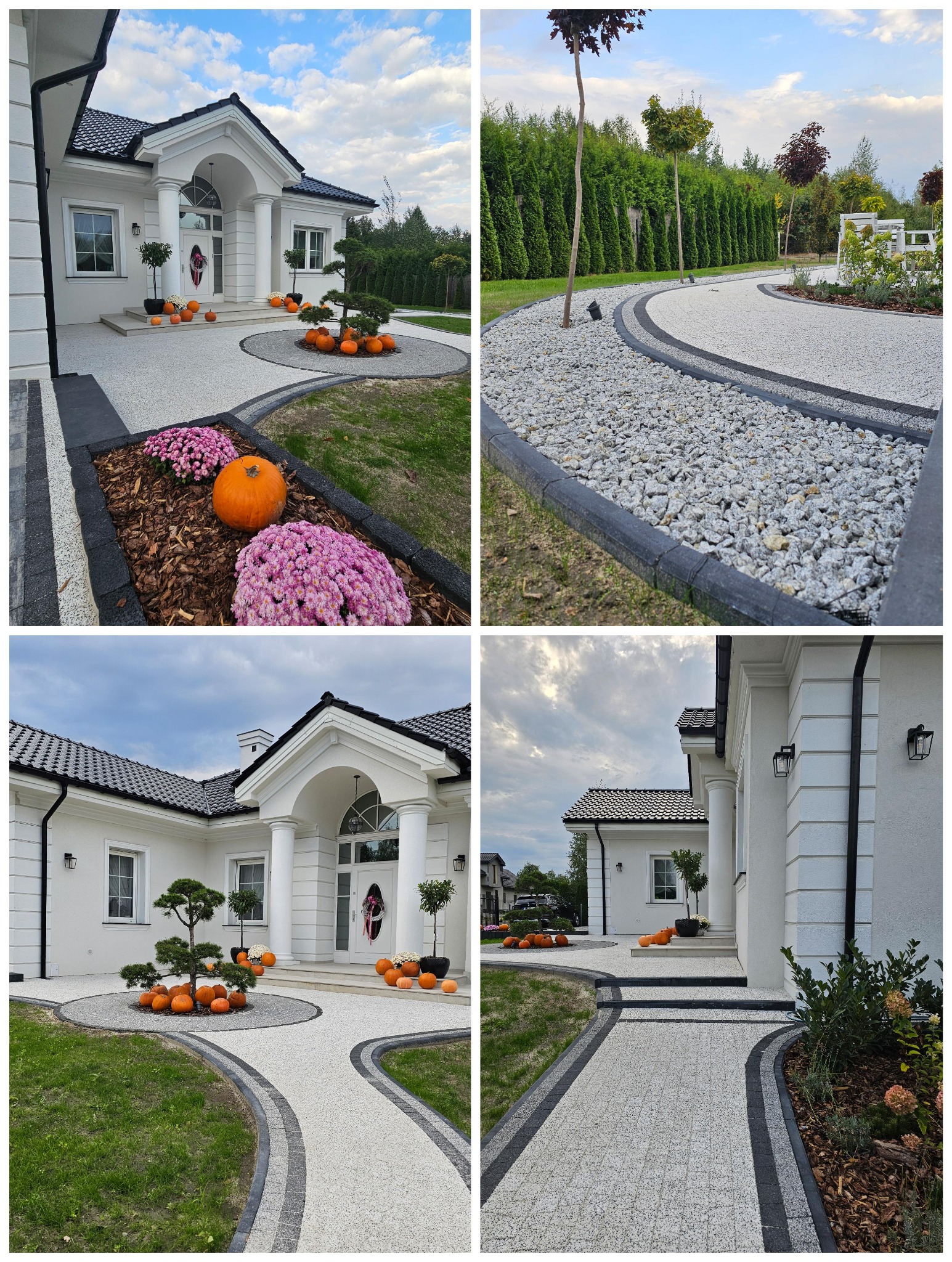 Elegancki podjazd i ścieżki wokół białego domu z kolumnami, wykończone jasnym kruszywem z ciemnoszarą obwódką, dekorowane dyniami i chryzantemami, sugerujące jesienną aranżację.