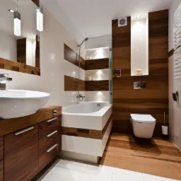 Nowoczesna łazienka z drewnianymi akcentami: umywalka nablatowa, wanna z parawanem, toaleta podwieszana, grzejnik drabinkowy i oświetlenie punktowe.