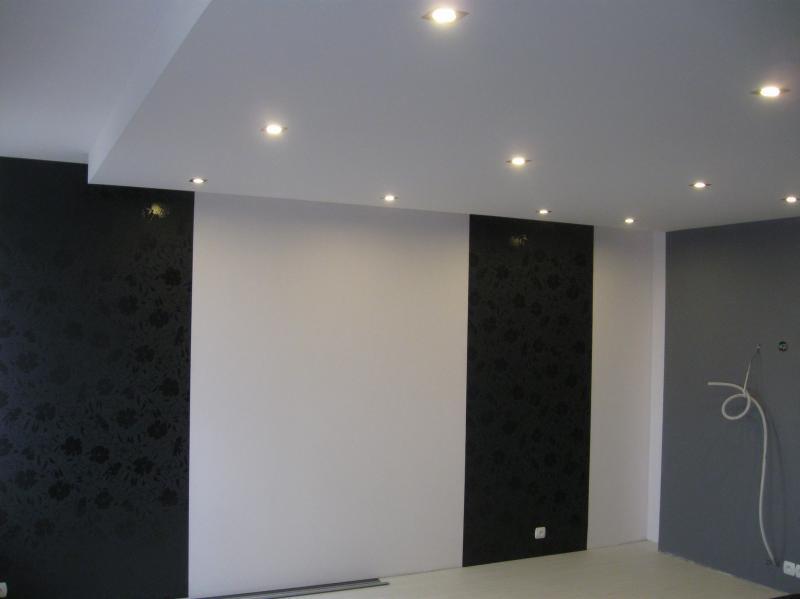 Nowoczesne wnętrze z panelami ściennymi w kolorze czarnym ze wzorem kwiatowym, białymi ścianami i podwieszanym sufitem z oświetleniem punktowym.