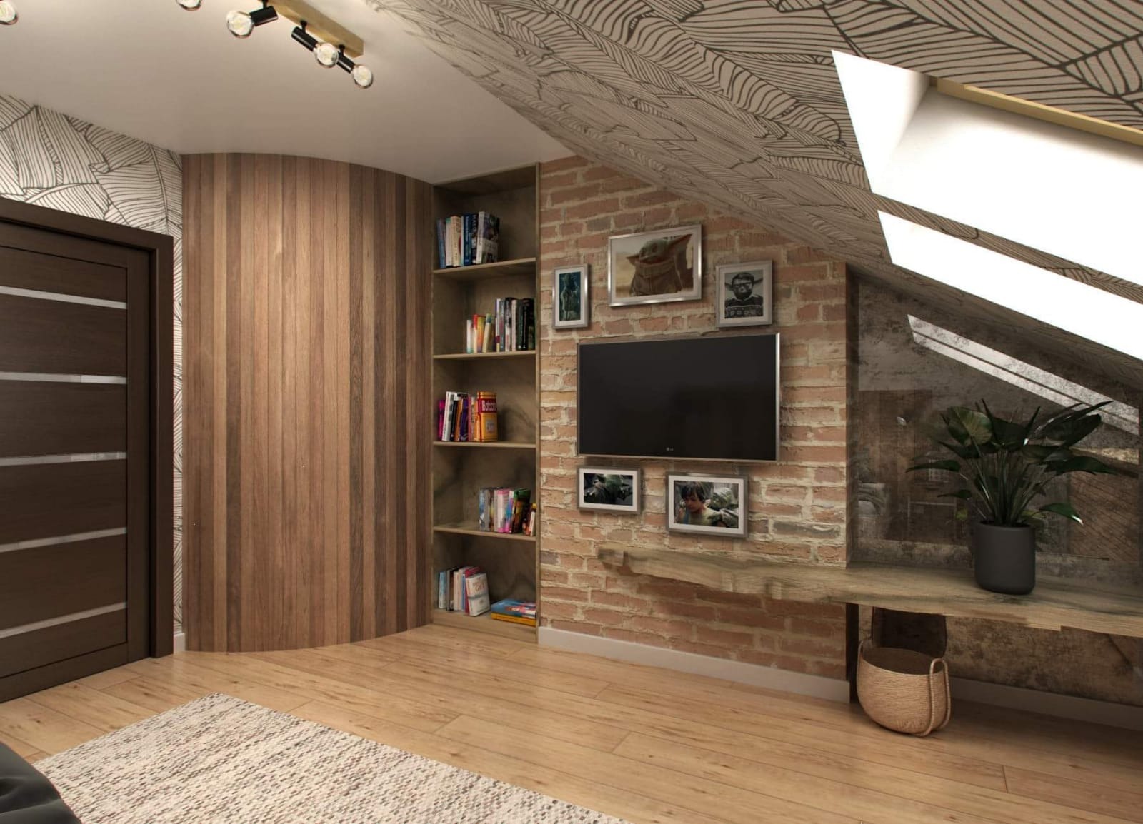 Pokój na poddaszu z drewnianą podłogą, ceglaną ścianą, drewnianą zabudową i regałem na książki, oświetleniem punktowym na suficie w liście.