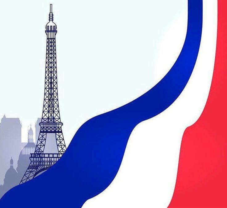 Stylizowana grafika przedstawiająca wieżę Eiffla na tle zarysów paryskich budynków, z elementami flagi Francji w kolorach niebieskim, białym i czerwonym.