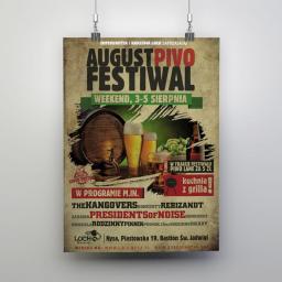 Ambient Studio - Plakat reklamowy festiwalu piwa 'August Pivo Festiwal' wiszący na ścianie, z grafiką beczki, piwa, chmielu i informacjami o wydarzeniu.