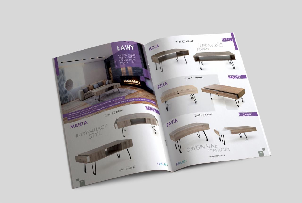 Otwarta strona katalogu meblowego prezentująca różne modele stolików kawowych na cienkich, metalowych nogach, z widocznymi nazwami modeli i wymiarami.