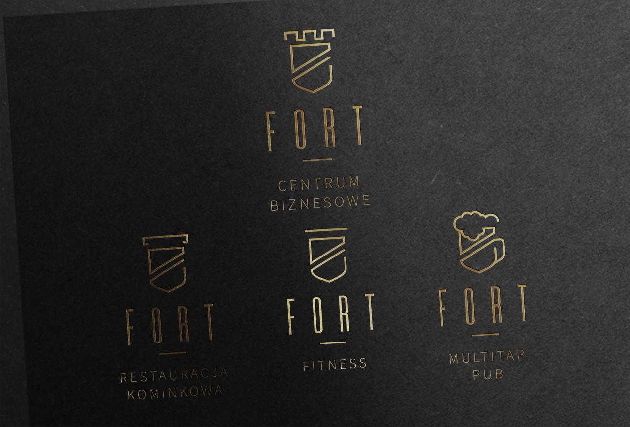 Prezentacja kilku wariantów złotych, minimalistycznych logotypów 'FORT' na czarnym, teksturowanym tle, dla różnych branż: centrum biznesowe, restauracja kominkowa, fitness i multitap pub.