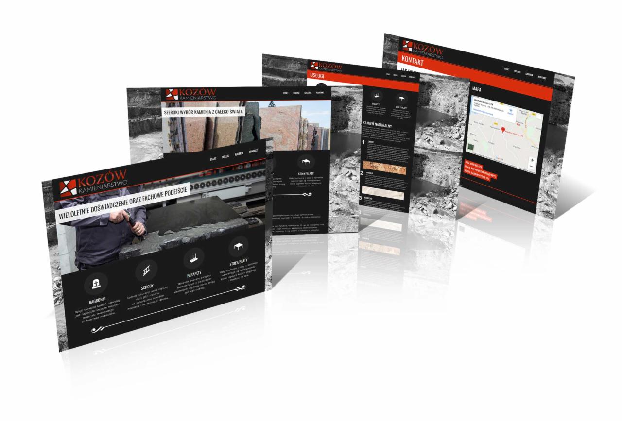 Prezentacja responsywnej strony internetowej firmy kamieniarskiej na różnych urządzeniach, z widocznymi sekcjami oferty, galerii i kontaktu.