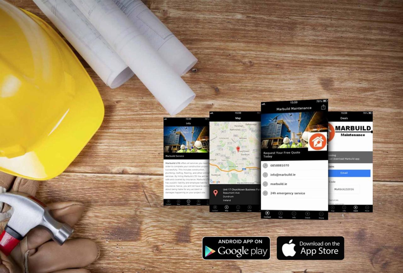 Żółty kask, zwinięte plany budowlane, rękawice robocze i młotek obok zrzutów ekranu aplikacji mobilnej firmy budowlanej na drewnianym tle.