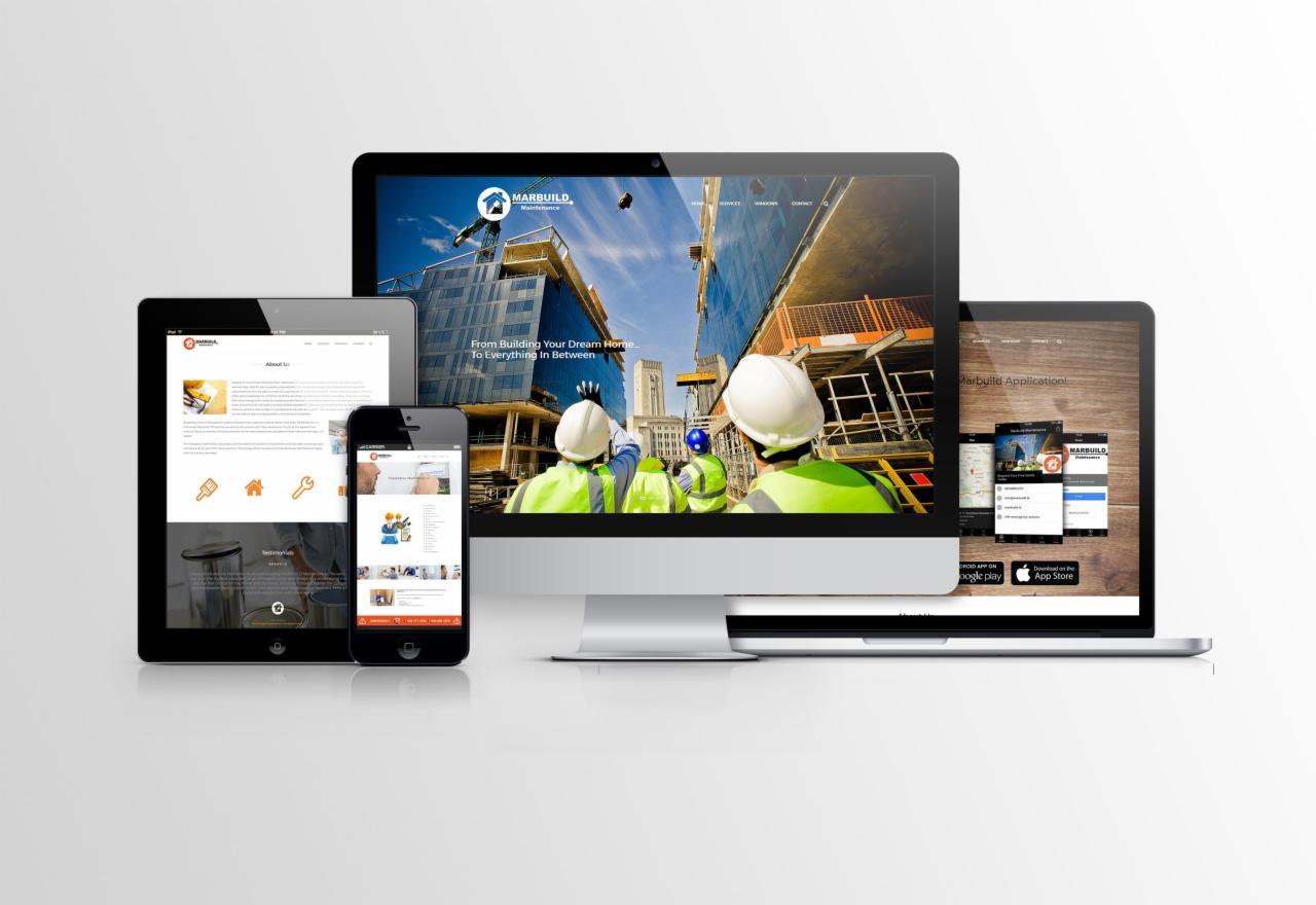 Prezentacja responsywnej strony internetowej firmy budowlanej Marbuild na monitorze, laptopie, tablecie i smartfonie. Na ekranie monitora widoczny kadr z budowy z pracownikami w kaskach.