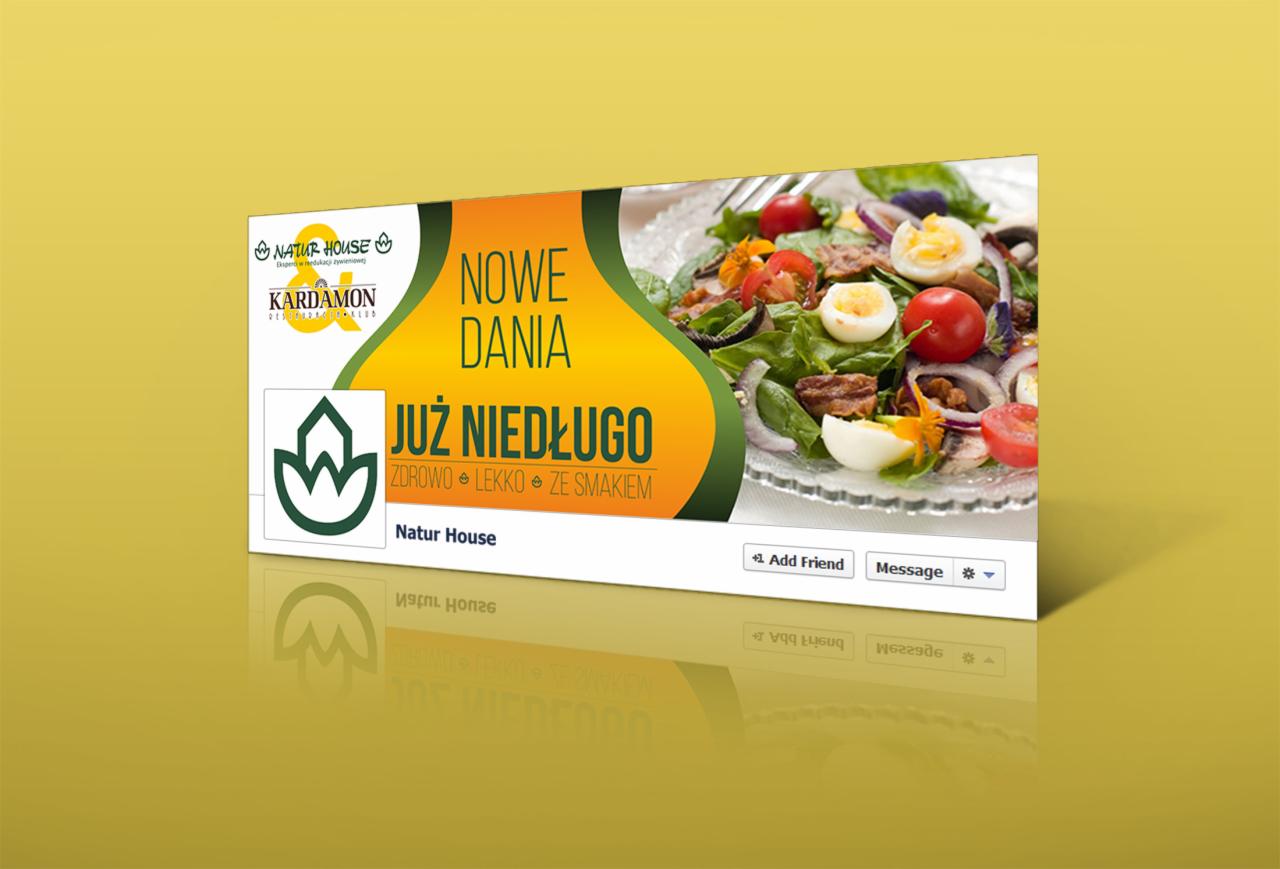 Grafika reklamowa w stylu okładki profilu w mediach społecznościowych, zapowiadająca nowe, zdrowe dania restauracji Natur House, z apetyczną sałatką na talerzu w tle.