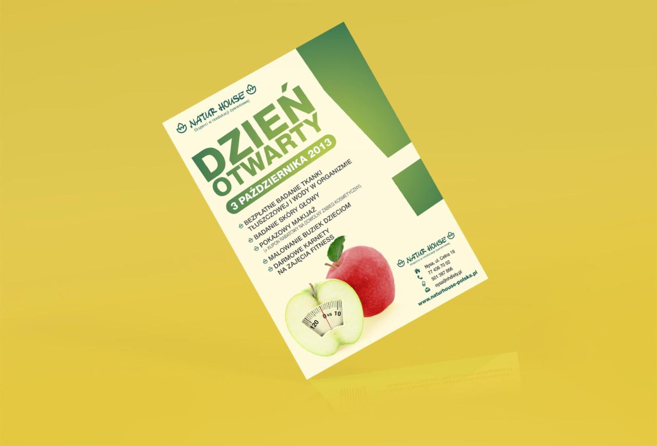 Plakat reklamujący dzień otwarty w Natur House, z ofertą bezpłatnych badań tkanki tłuszczowej i wody w organizmie, badania skóry głowy, pokazowego makijażu, malowania buziek dzieciom i darmowych...