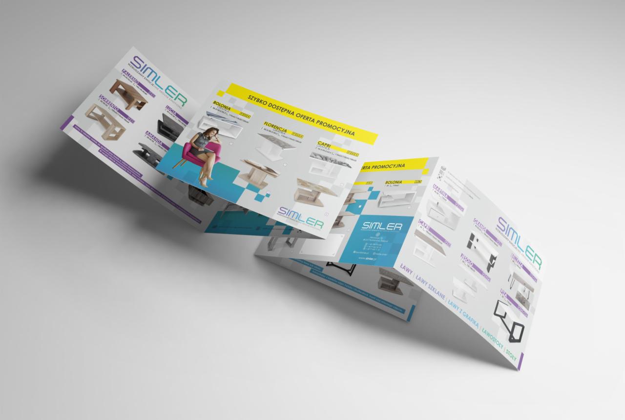 Rozłożona ulotka reklamowa firmy Simler z Nysy, prezentująca ofertę promocyjną na ławy i stoliki, z widoczną modelką na jednym ze zdjęć.