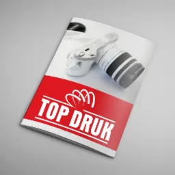 Katalog reklamowy z motywem białego aparatu fotograficznego na czerwonym tle z napisem 'TOP DRUK'.