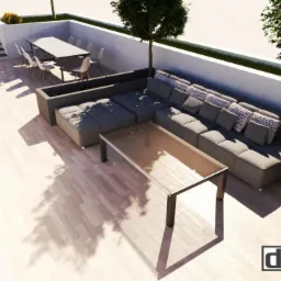 Wizualizacja tarasu na podwyższeniu z szarym narożnikiem, stolikiem kawowym, stołem jadalnym z krzesłami, roślinami w donicach oraz schodami z boku.