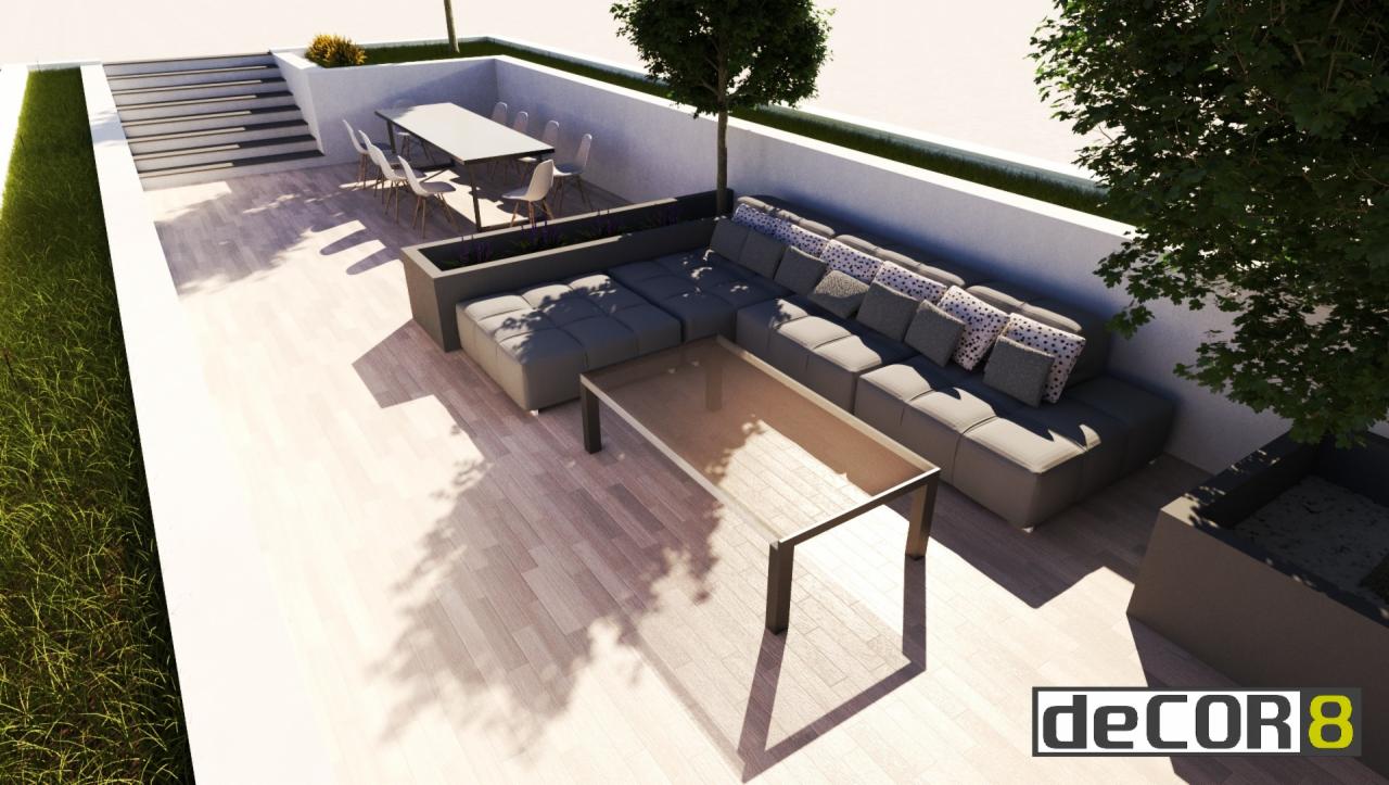 Wizualizacja tarasu na podwyższeniu z szarym narożnikiem, stolikiem kawowym, stołem jadalnym z krzesłami, roślinami w donicach oraz schodami z boku.