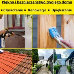 Kompozycja zdjęć prezentująca czyszczenie elewacji myjką ciśnieniową, malowanie drewnianego ogrodzenia, czyszczenie dachu z zabrudzeń oraz umytą ścieżkę w ogrodzie.