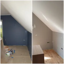 Porównanie stanu pokoju na poddaszu przed i po malowaniu: ściana w kolorze granatowym z widocznymi niedoskonałościami i przygotowaniem do malowania (lewa strona) oraz ściana w kolorze szarym po...