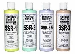 Cztery plastikowe butelki środków czyszczących Poorboy's World SSR-1, SSR-2, SSR-2.5 i SSR-3, z białymi nakrętkami, ustawione obok siebie na białym tle. Każda butelka ma etykietę z nazwą produktu...