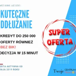 Grafika reklamowa z hasłem 'Skuteczne oddłużanie', informacją o kredycie do 250 000, ofertach bez BIK i decyzji w 15 minut. Na niebieskim tle napis 'Super Oferta' w okręgu oraz logo 'Twoje Centrum...